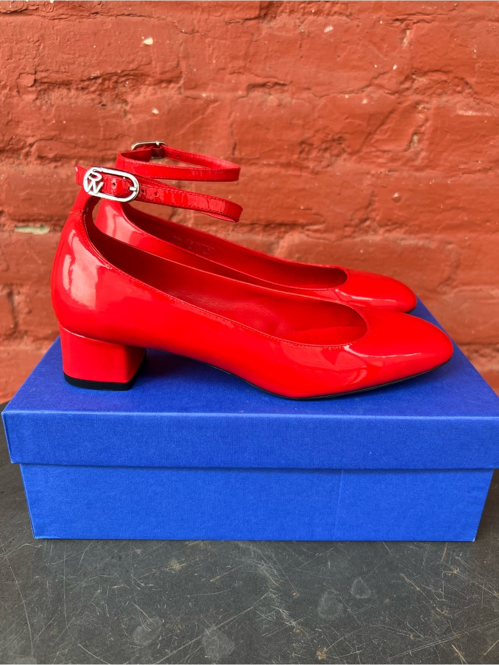 Stuart Weitzman Red Patent Ankle-Strap “Jane” Pump, US 7
